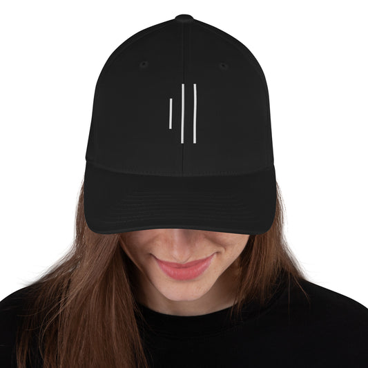 Front view of black structured twill cap for drummers by Cowbell & Groove, featuring printed minimalist groove bar logo — subtle rhythm-inspired gift