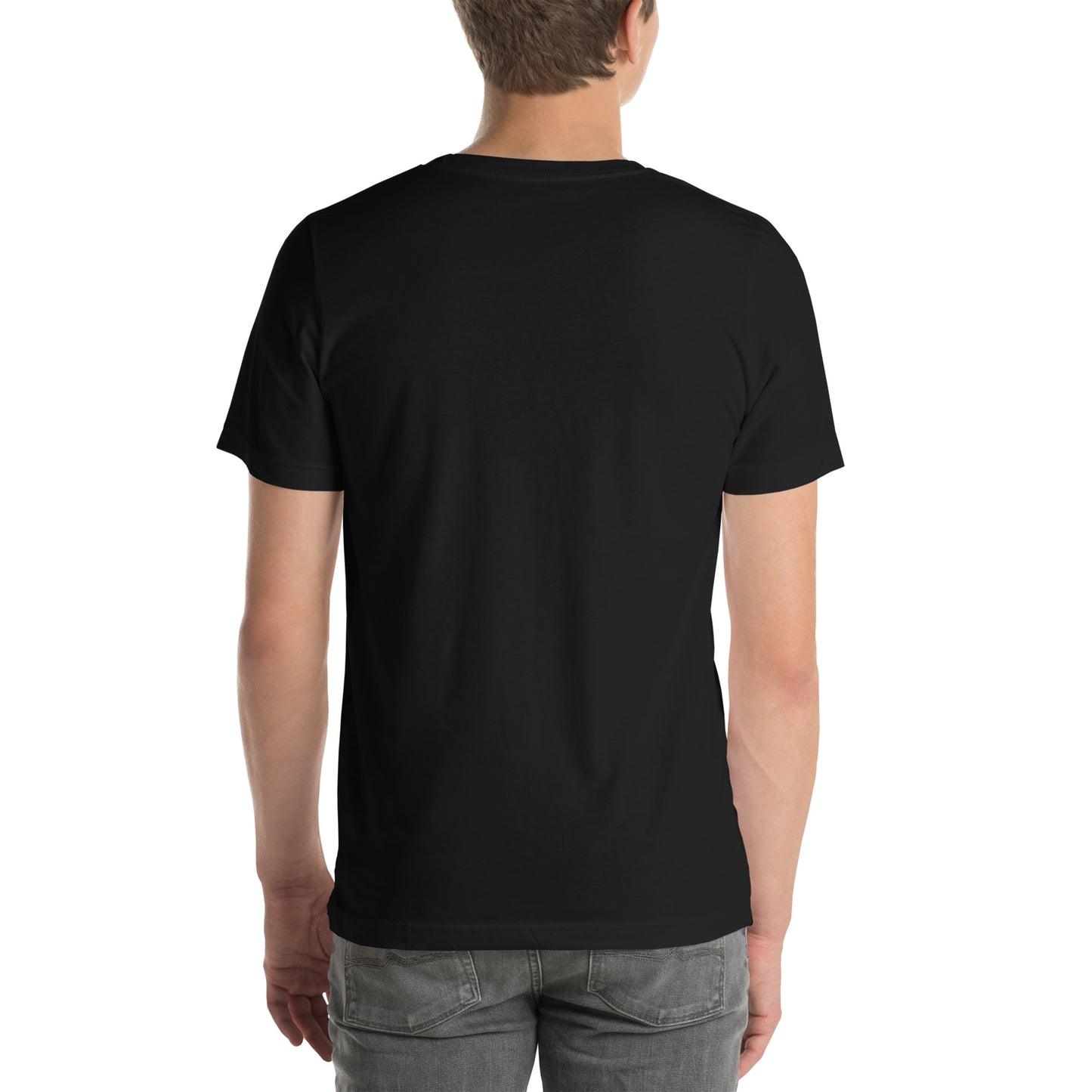 Back view of black drummer t-shirt by Cowbell & Groove, minimalist design with no visible logo