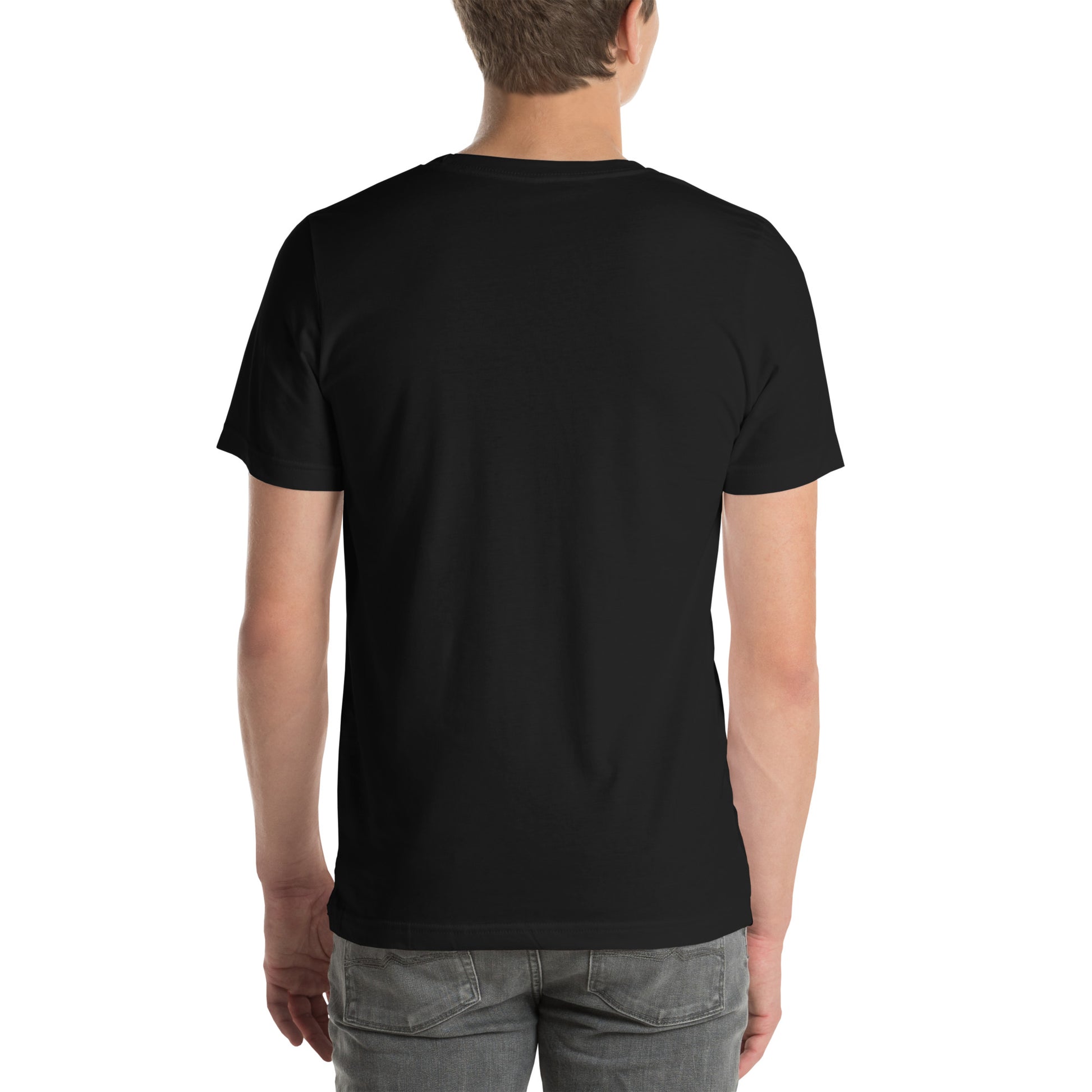 Back view of black drummer t-shirt by Cowbell & Groove, minimalist design with no visible logo