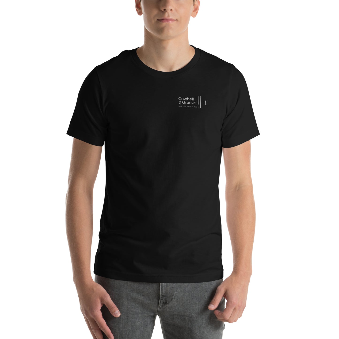 Man wearing minimalist black drummer tee by Cowbell & Groove, front view with logo