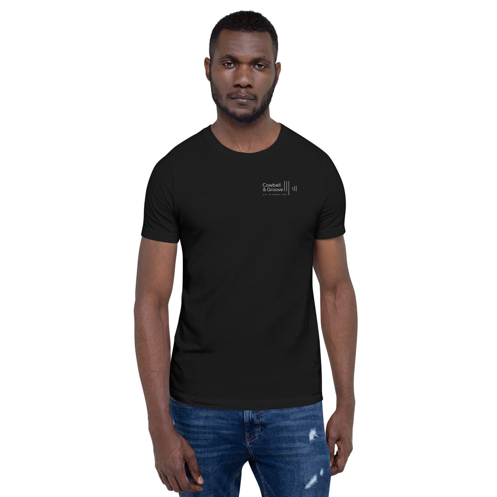 Man wearing black drummer tee by Cowbell & Groove, minimalist groove logo on front, front-facing view