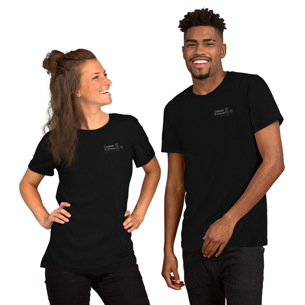 Man and woman wearing drummer tees by Cowbell & Groove, minimalist black shirts with logo, casual setting
