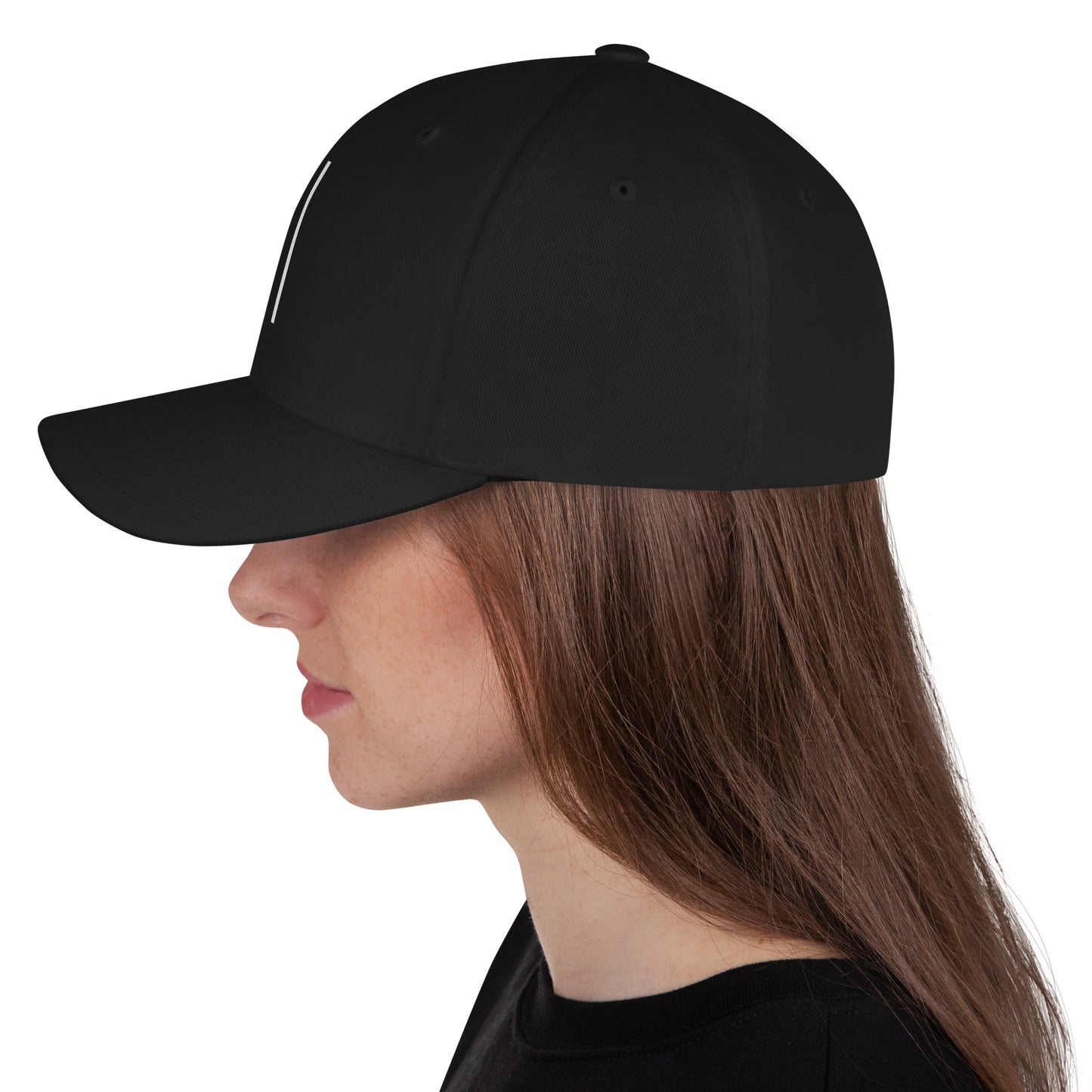 Left side view of black structured twill cap by Cowbell & Groove, showing subtle glimpse of printed groove bar logo — minimalist drummer hat