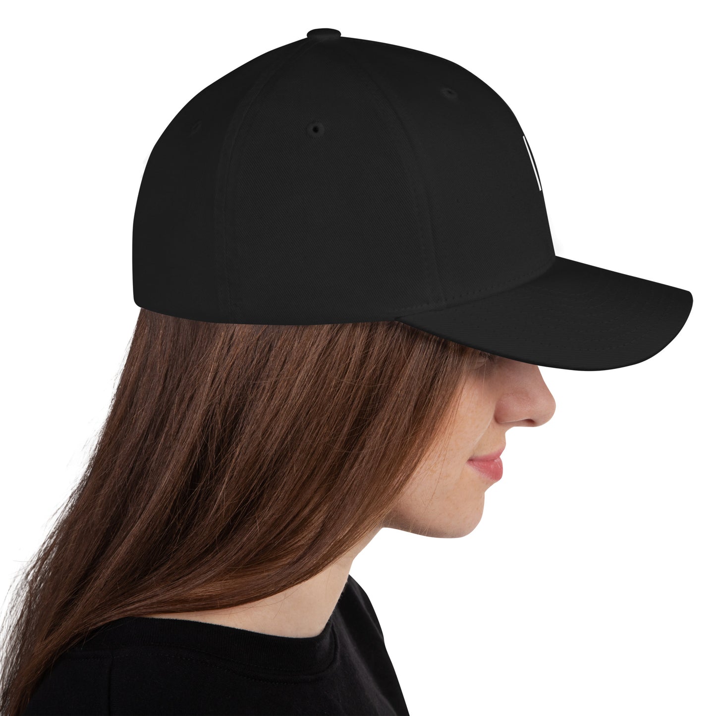 Right side view of black structured twill cap by Cowbell & Groove, minimalist design with partial groove bar logo — subtle drummer gift
